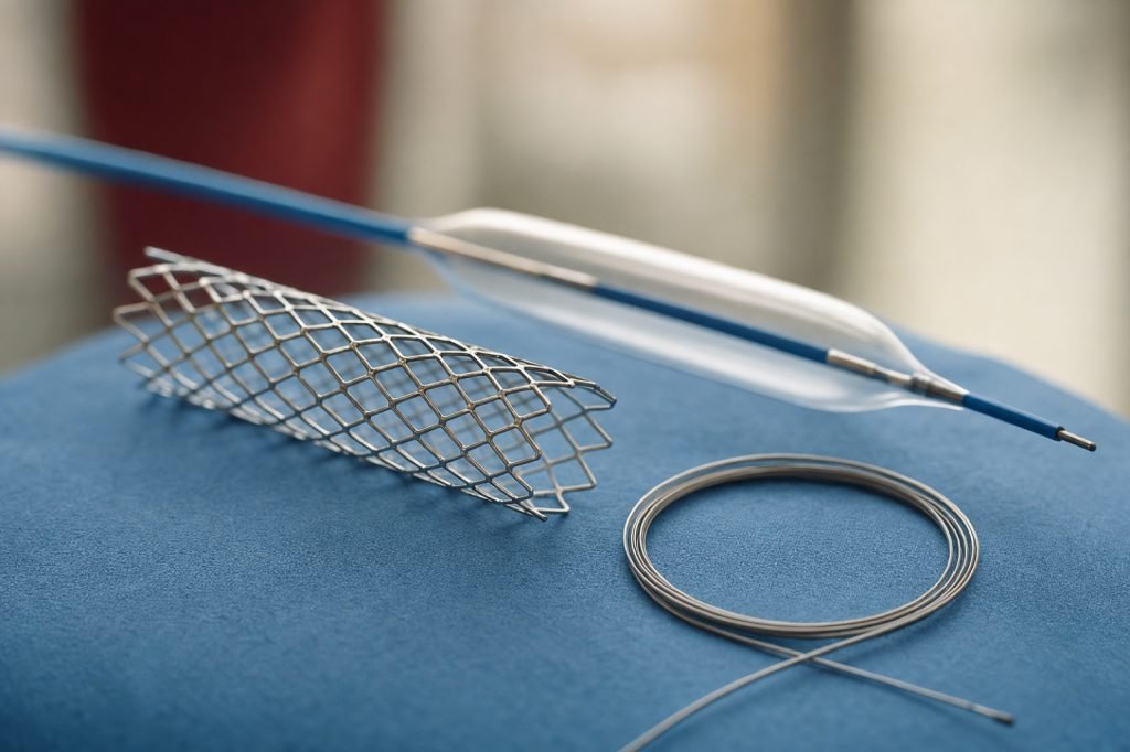 Stent, guide et ballonnet d'angioplastie disposés sur un champ stérile