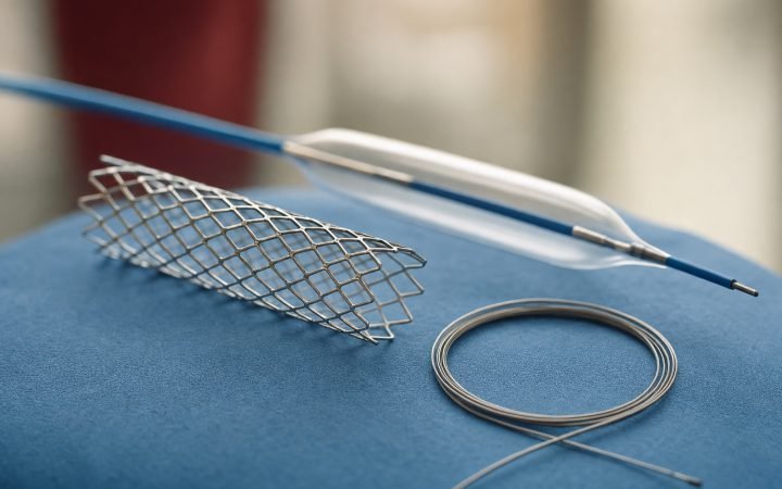 Stent, guide et ballonnet d'angioplastie disposés sur un champ stérile