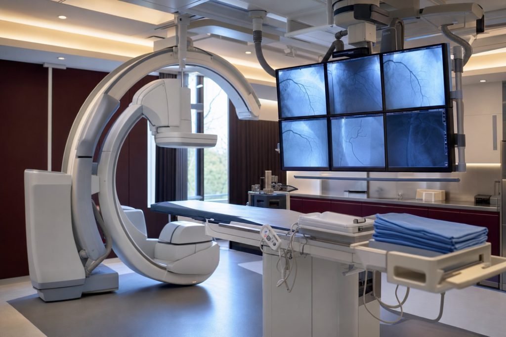 Salle de cathétérisme cardiaque équipée d'un arceau d'angiographie et d'écrans de coronarographie
