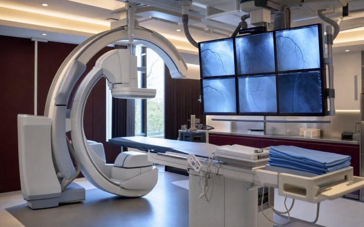Salle de cathétérisme cardiaque équipée d'un arceau d'angiographie et d'écrans de coronarographie