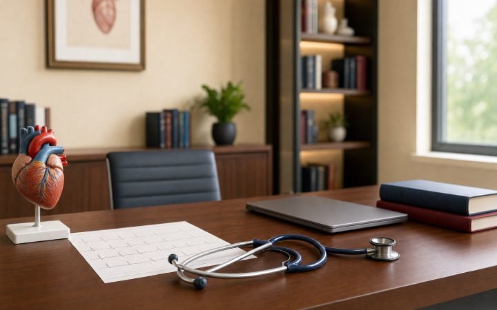 Bureau de consultation de cardiologie : stéthoscope, tracé d'électrocardiogramme et modèle anatomique du cœur
