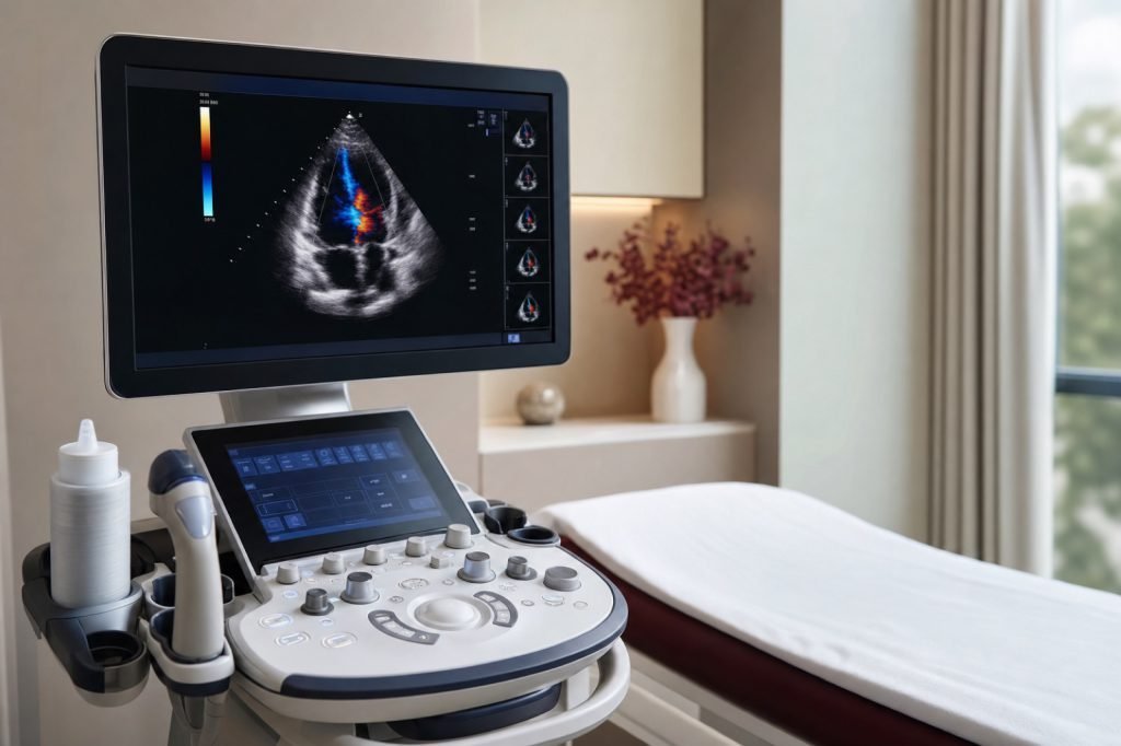 Échographe cardiaque affichant une échocardiographie avec Doppler couleur