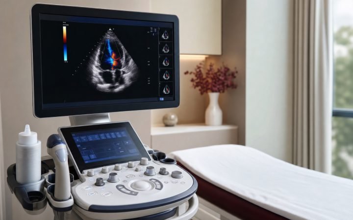 Échographe cardiaque affichant une échocardiographie avec Doppler couleur