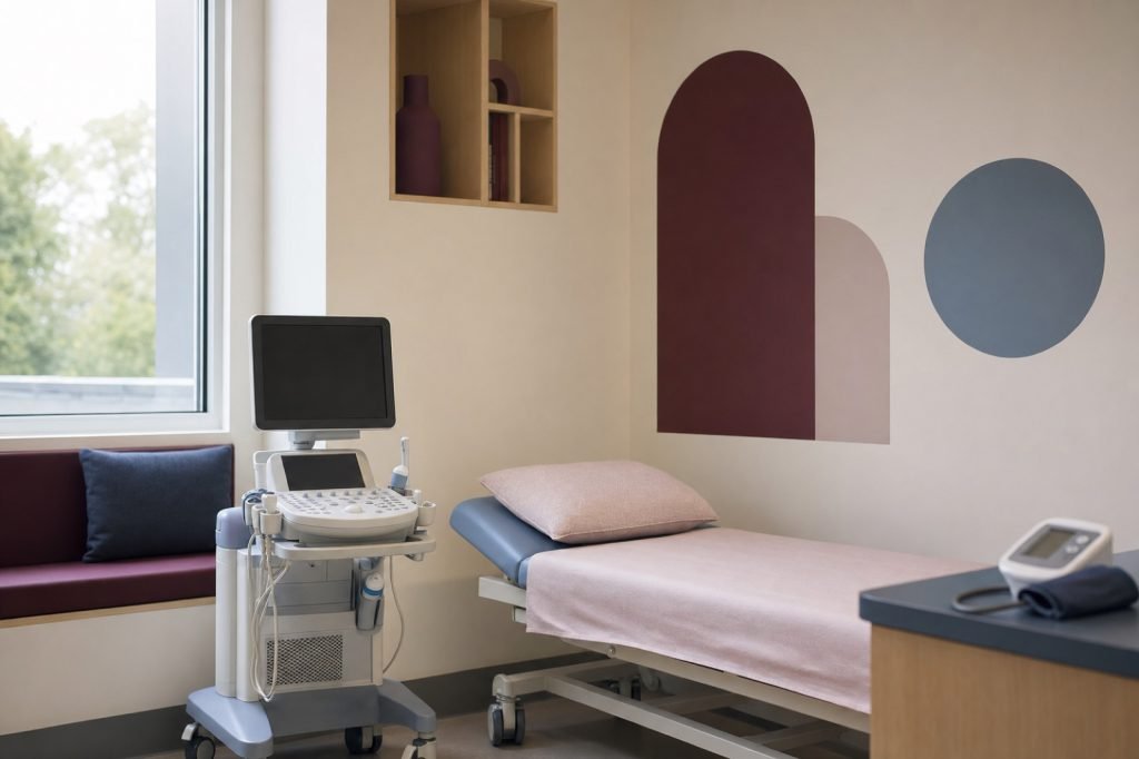 Salle d'examen de cardiologie pédiatrique avec échographe et table adaptée à l'enfant