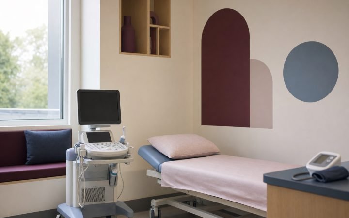 Salle d'examen de cardiologie pédiatrique avec échographe et table adaptée à l'enfant