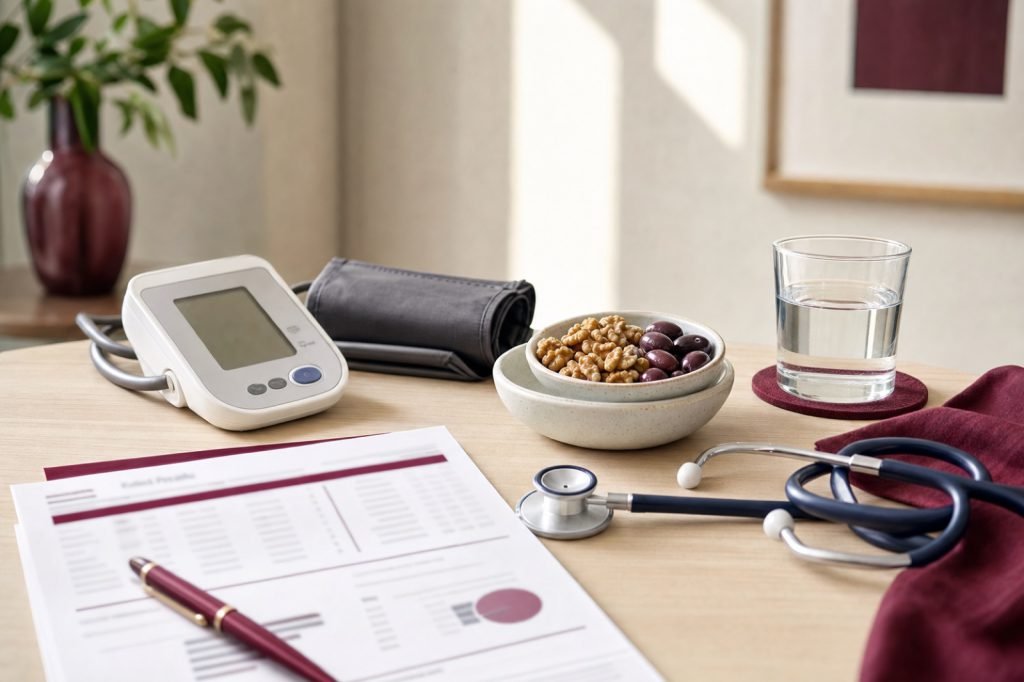 Tensiomètre, stéthoscope et bilan lipidique sur une table, avec fruits secs et verre d'eau