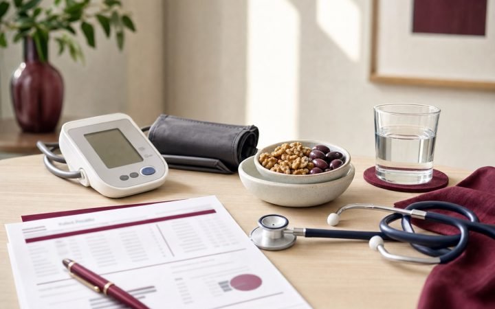 Tensiomètre, stéthoscope et bilan lipidique sur une table, avec fruits secs et verre d'eau