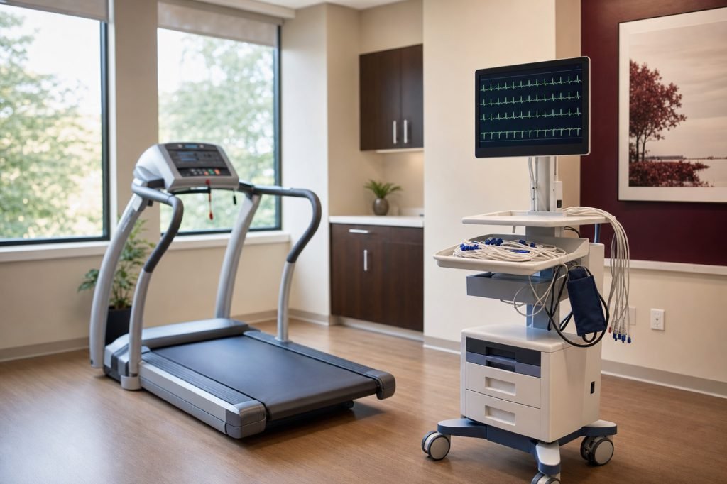 Salle de test d'effort : tapis roulant médical et chariot de monitorage cardiaque
