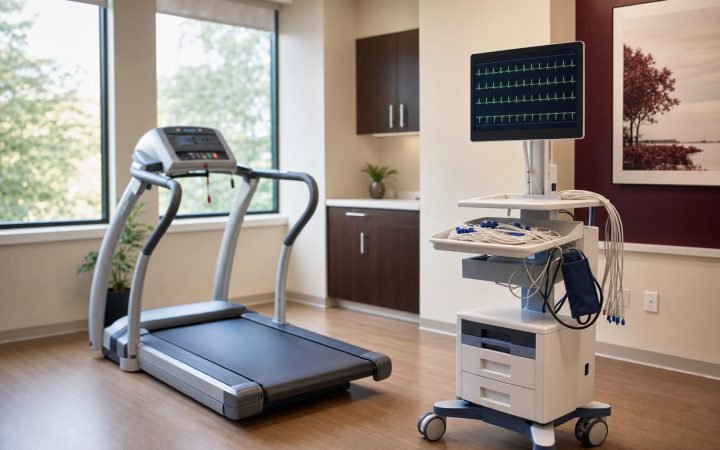 Salle de test d'effort : tapis roulant médical et chariot de monitorage cardiaque